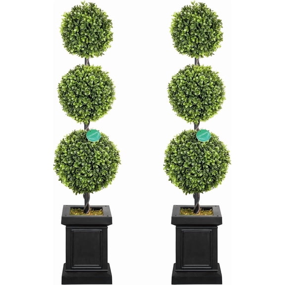 3.5ft Boxwood Outdoor Topiary Set of 2, Tall All Year Green Fake Plant Topiary Trees Artificial Outdoor Porch Trees with Sturdy Pot for Outdoor Indoor (Ball)