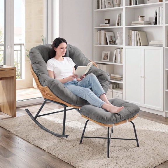 ROGALIS Papasan Rocking Chair with Ottoman, Oversized Wicker Rocker Chair with Thick Padded Cushion, Indoor Outdoor Accent Chair for Patio, Porch, Living Room, Garden,Light Gray