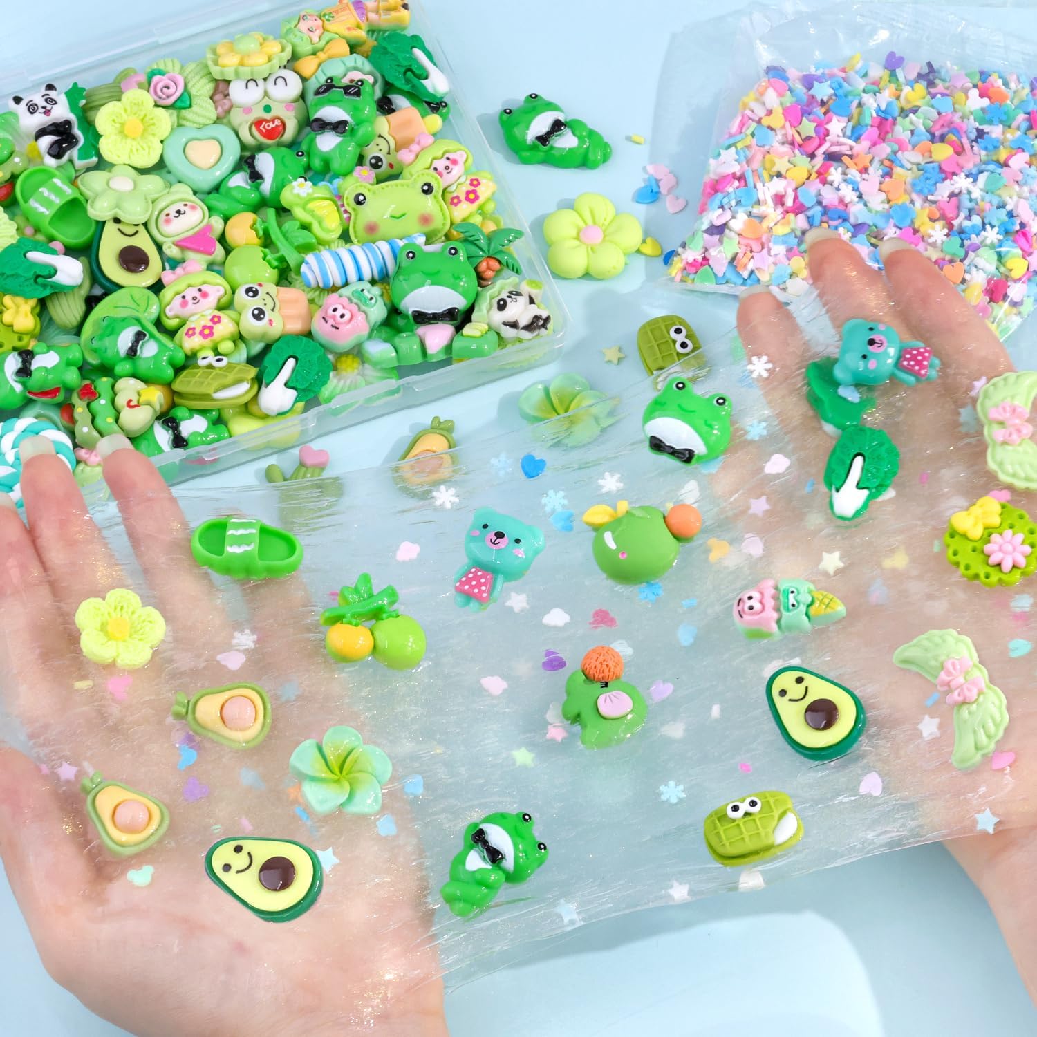 MEC 100Pcs Green Slime Charms Assorted Cute Decoden Embellishments, Kawaii Slime Accessories,Candy Heart Bear Bulk Flatback Resin Charm for Phone Junk Cases,Scrapbooking Crafting & DIY Decoration
