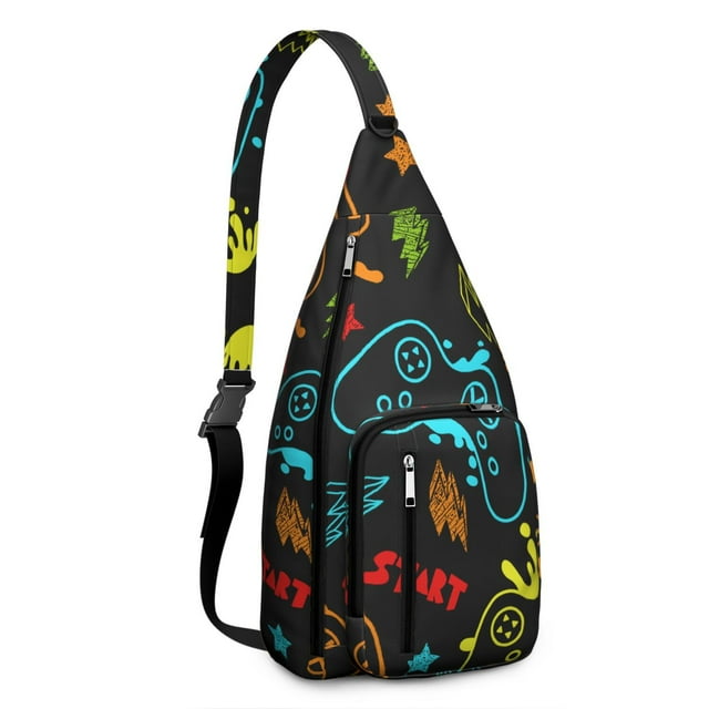 Cyberpunk Gamer Chest Bag - Digital Controller & Button Print Sling Backpack (Level Up Design, Adjustable Strap for Gaming Conventions)