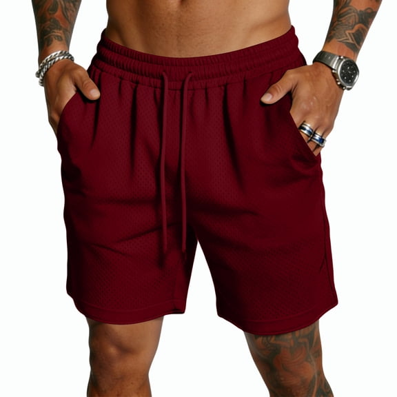 Havenx Mens Mesh Shorts Drawstring Elastic Waist Shorts with Pockets Fast Dry Mesh Short Pants Breathable Lightweight Running Training Clothes,Wine L