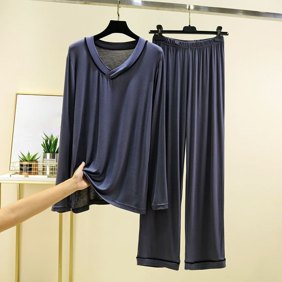 Womens Loungewear Set Fashion Solid Color V-Neck Long Sleeves Shirts and Pants Two Piece Pajama Outfits New Sweatsuits for Women Trendy Gray XXL