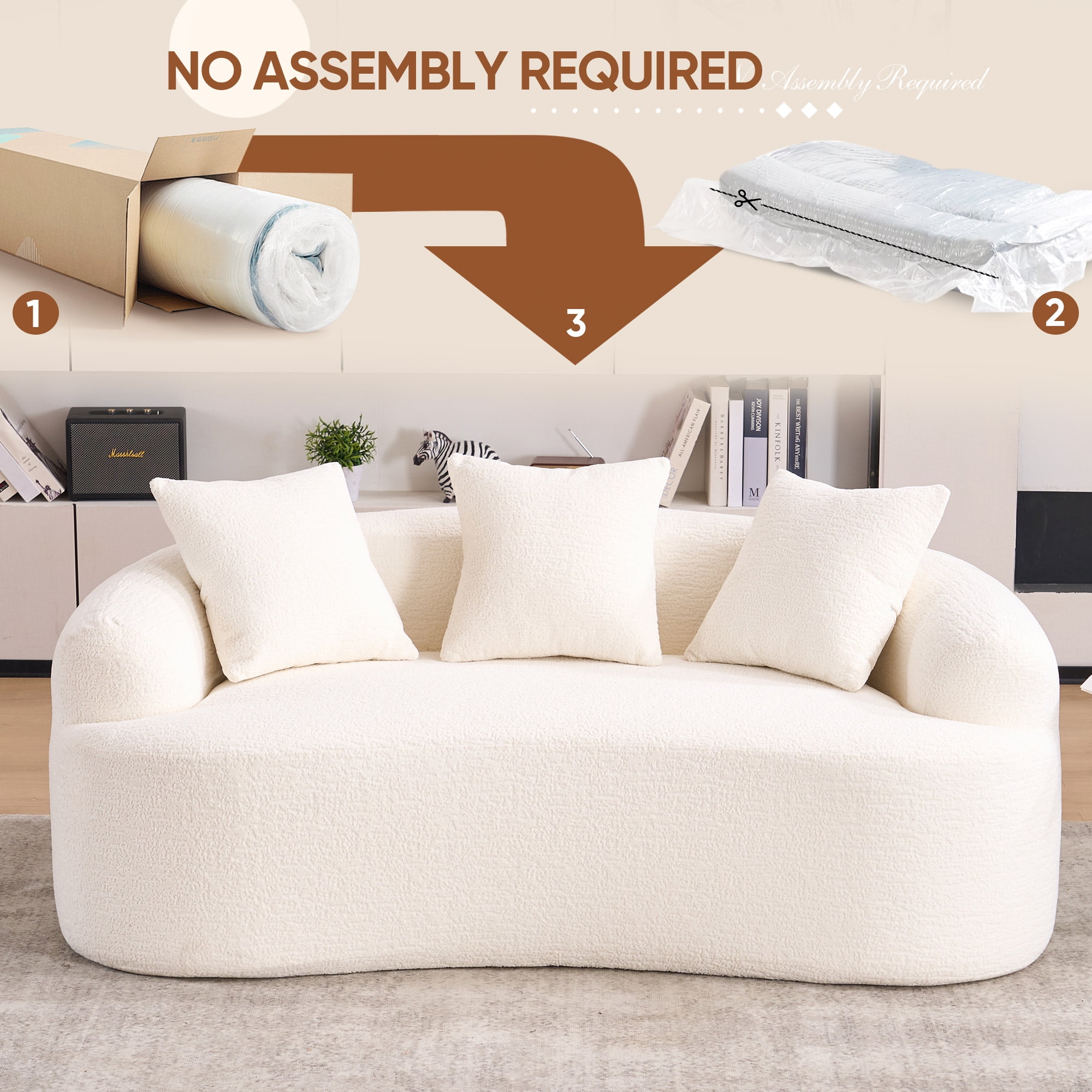 Timbernest 65" Cloud Couch 2 Seater Curved Compressed Sofa Chenille Loveseat, Small Space, 2 Throw Pillows, White