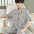 thumbnail image 5 of Conjunto de pijama de verano para hombre 100% algodón, pantalones largos de manga corta holgados, cárdigan, traje para el hogar, 5 of 5