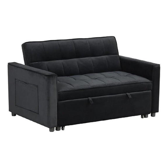 Marve Convertible Sleeper Loveseat- Side Pockets- Black Velvet 54 Inch