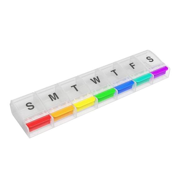 Ezy Dose Push Button (7-Day) Pill, Medicine, Vitamin Organizer Box, Weekly, Daily Planner, Arthritis Friendly, X-Large, Rainbow