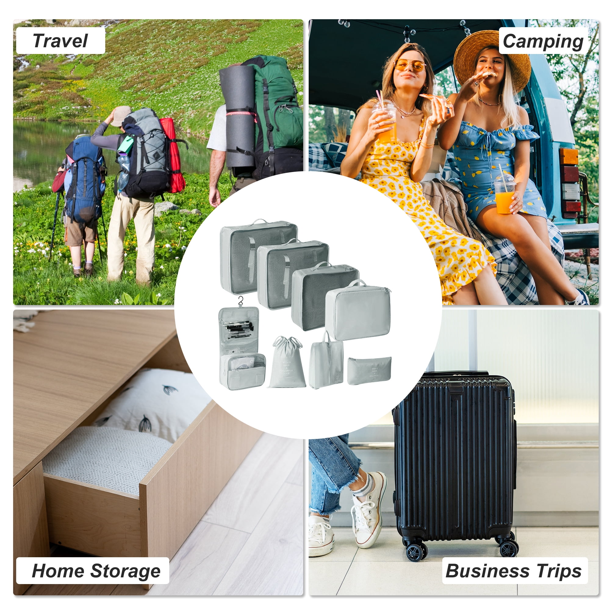 Unique Bargains Portable Packing Cube Set with 8 Different Pieces Gray
