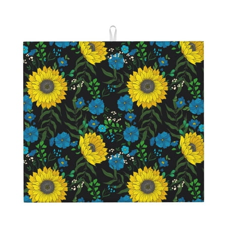 

Vsdgher Sunflowers And Blue Flower Print Dish Drying Mat Kitchen Counter Mat Dish Drying Pad for Dishes Utensils Pots and Pans 16 x 18