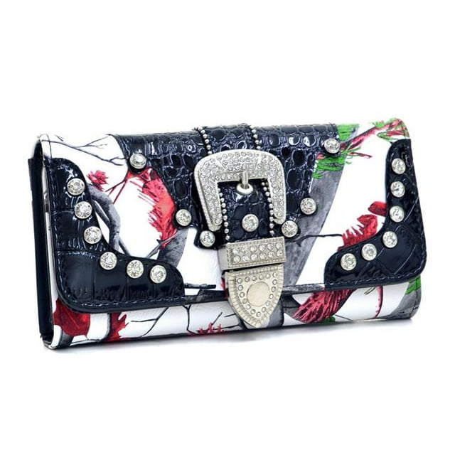 Portefeuille Trifold Camouflage pour Femmes avec Strass et Boucle - Rouge & Camouflage