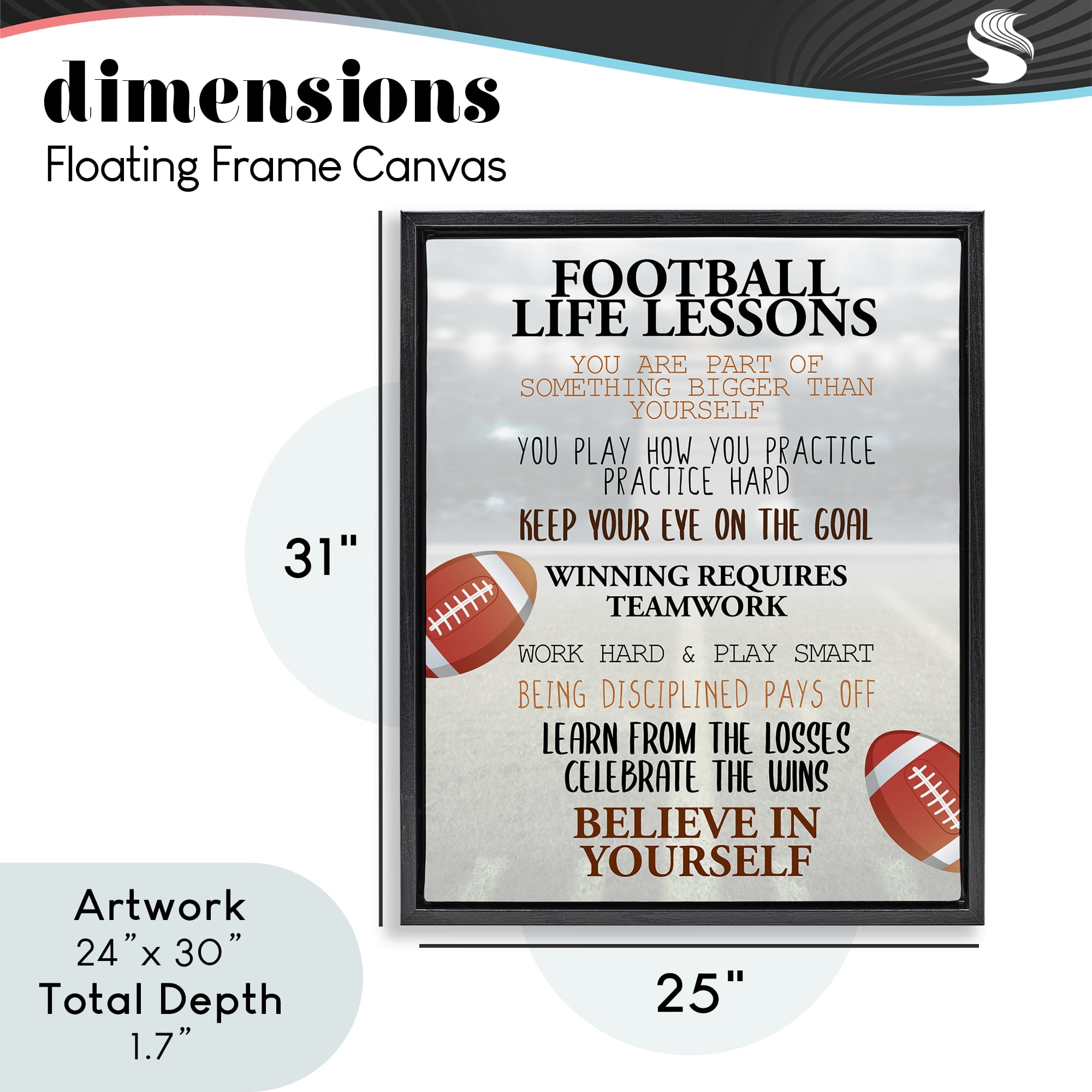 Football Life Lessons Black Framed Floater Canvas Wall Art, design by Kim Allen