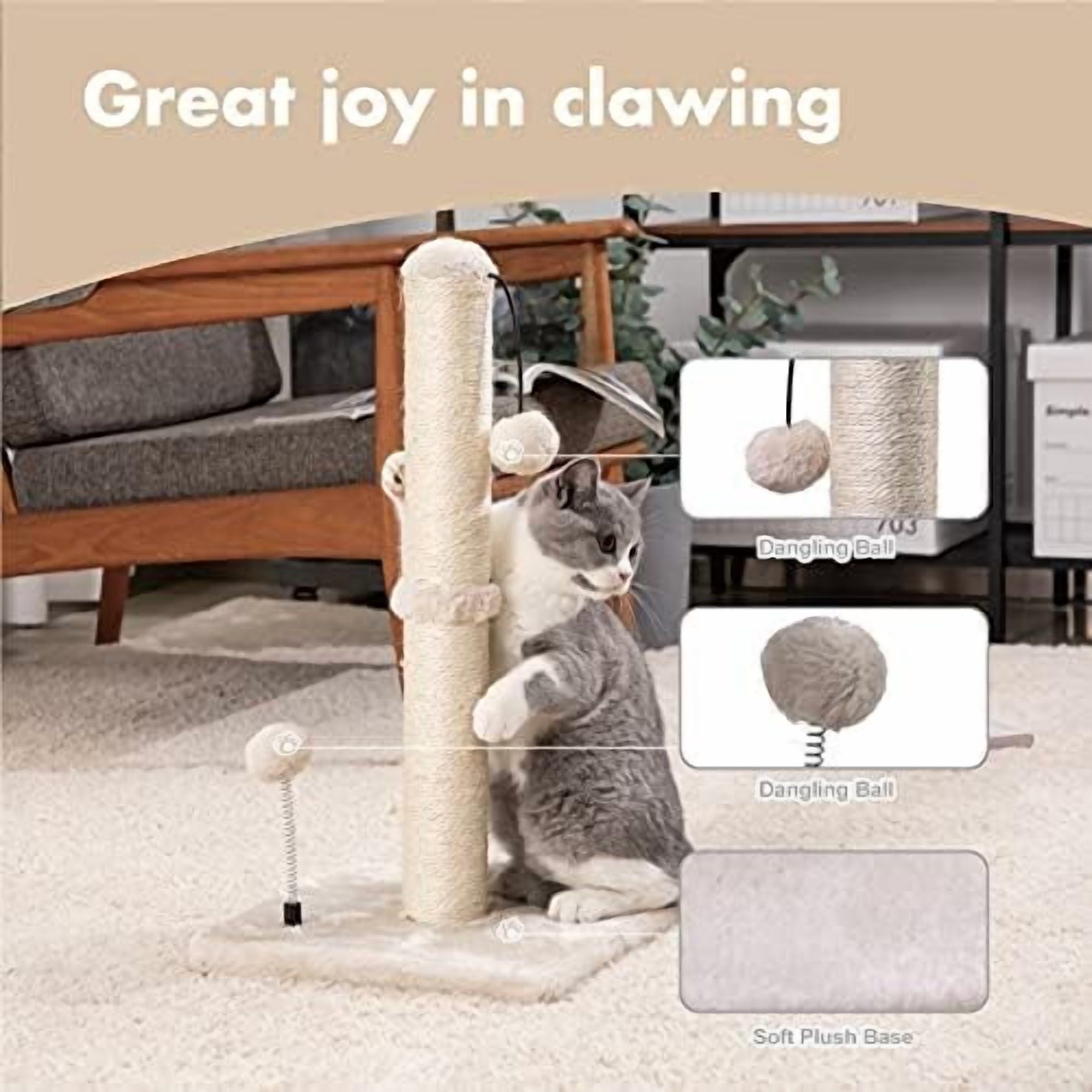 Cat Scratching Post Premium Basics Kitten Scratcher Sisal Scratch Posts with Hanging Ball 22in for Kittens or Smaller Cats (22 inches for Kitten, Beige) (Pack of 2)