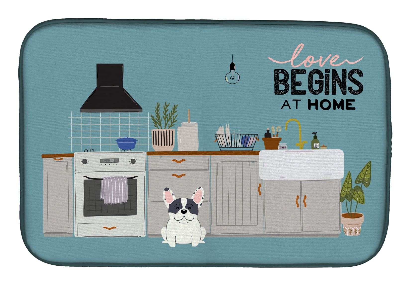 Piebald French Bulldog Kitchen Scene Dish Drying Mat