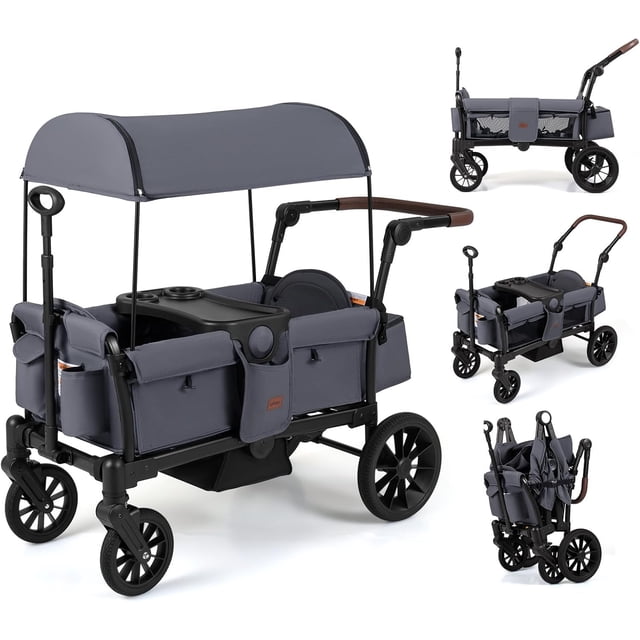 INFANS Wagon Stroller for 2 Kids, Foldable Wagon Cart with Adjustable Handle Pull Bar, Removable Canopy, Footwell, Snack Tray, Harnesses for Infants Toddlers 6-36 Months