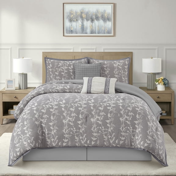 Nanshing Home 6 Piece Jacquard Cotton Comforter Set,Color Grey, Queen Size, Matching Bedskirt, Pillow Shams