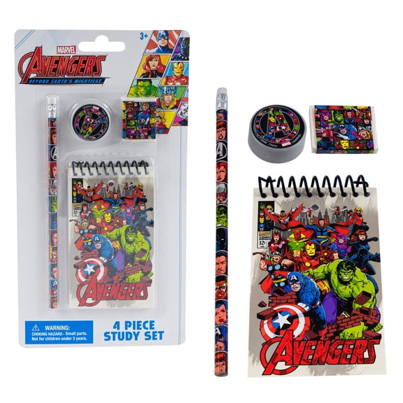Avengers 4pc Study Kit- Eraser, Sharpener, 25 sheet memo pad, No.2 lead real wood
