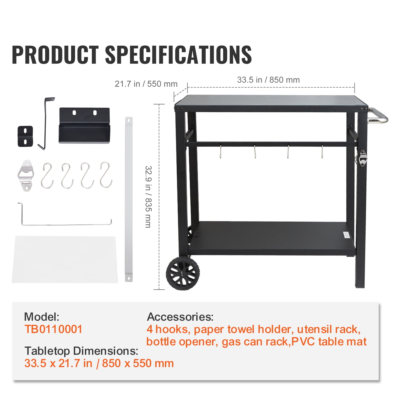 KFFKFF Outdoor Grill Cart with PVC Table Mat, 2 Tier Portable Modular Carts for Pizza Oven BBQ Mobile Grill Cart Food Preparation for Garden, Backyard