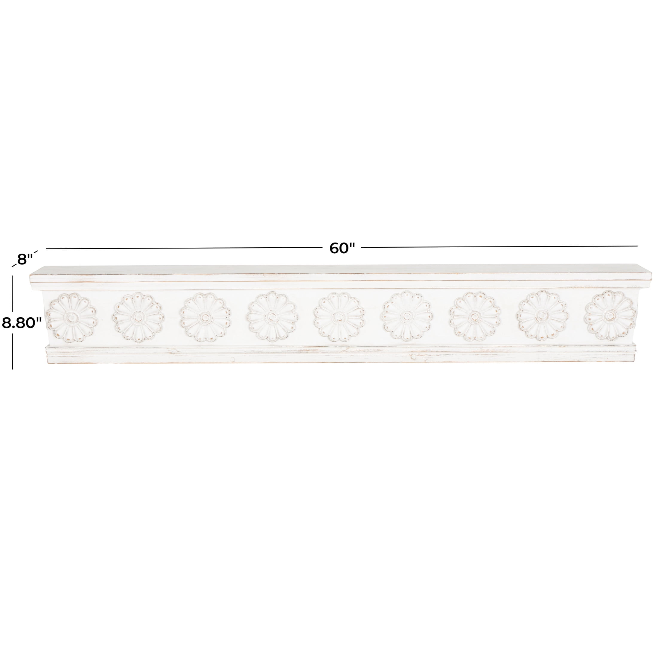 DecMode 60" x 8" 1-Tier White Floral Wall Shelf with Brown Distressing