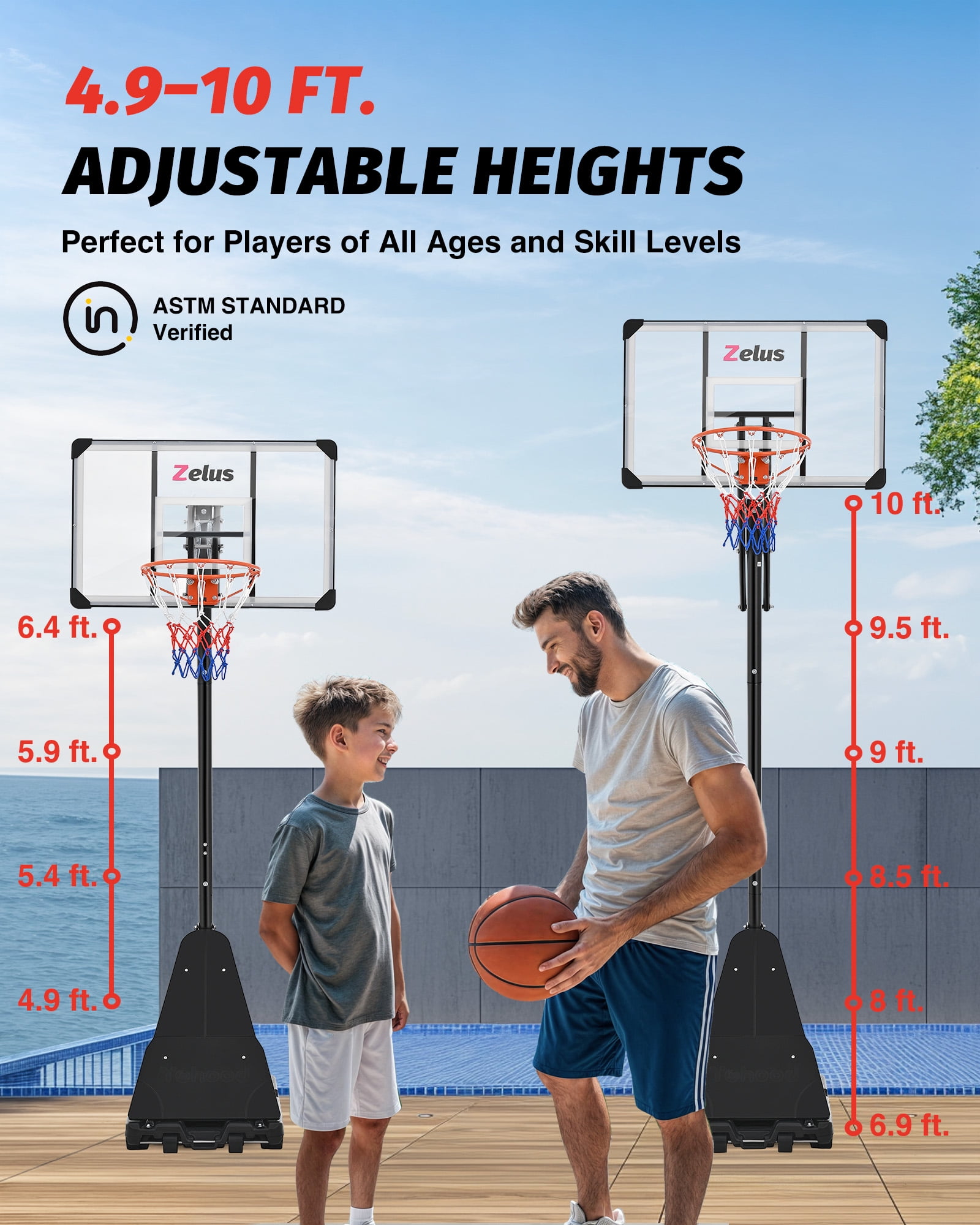 Zelus 4.9ft - 10ft Adjustable Height 43.3"x27.6" Longevity Outdoor Portable Basketball System (Kids)