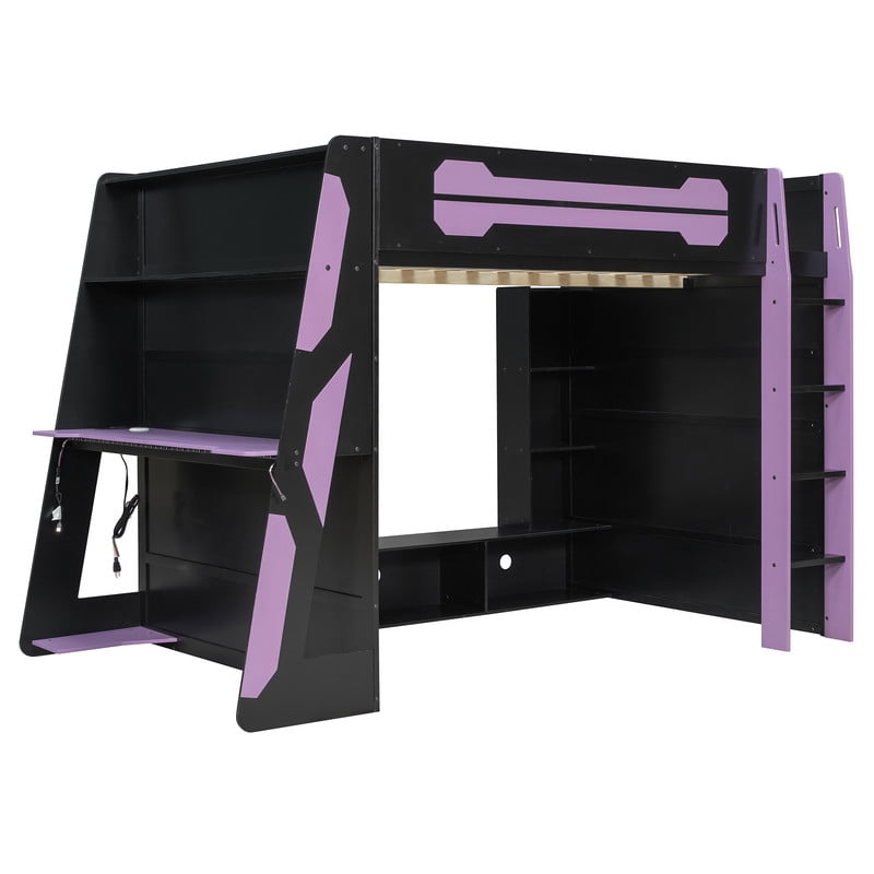 Full Size Loft Bed with Desk and RGB LED Lights, Wood Gaming Loft Bed Frame with Storage Shelves, TV Console Space and Multi-Functional Study Workstation for Teens Bedroom