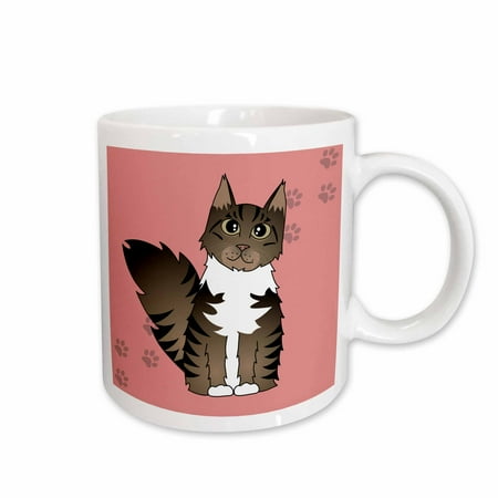 

3dRose Cute Maine Coon Cartoon Cat - Brown Tabby with White - Rose with Pawprint Ceramic Mug 11-ounce