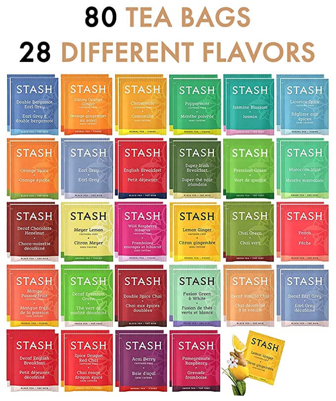 Stash Tea Bags Sampler Assortment Box - 80 COUNT - Perfect Variety Pack in Wood (MDF) Gift Box - Gift for Family, Friends, Coworker (Brown)