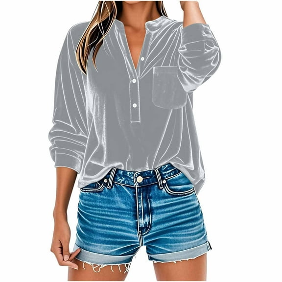 Hfnxid Women's Long Sleeve Velvet Shirt V Neck Button Up Tops Dressy Casual Comfy Solid Pullover Shirt with Pocket