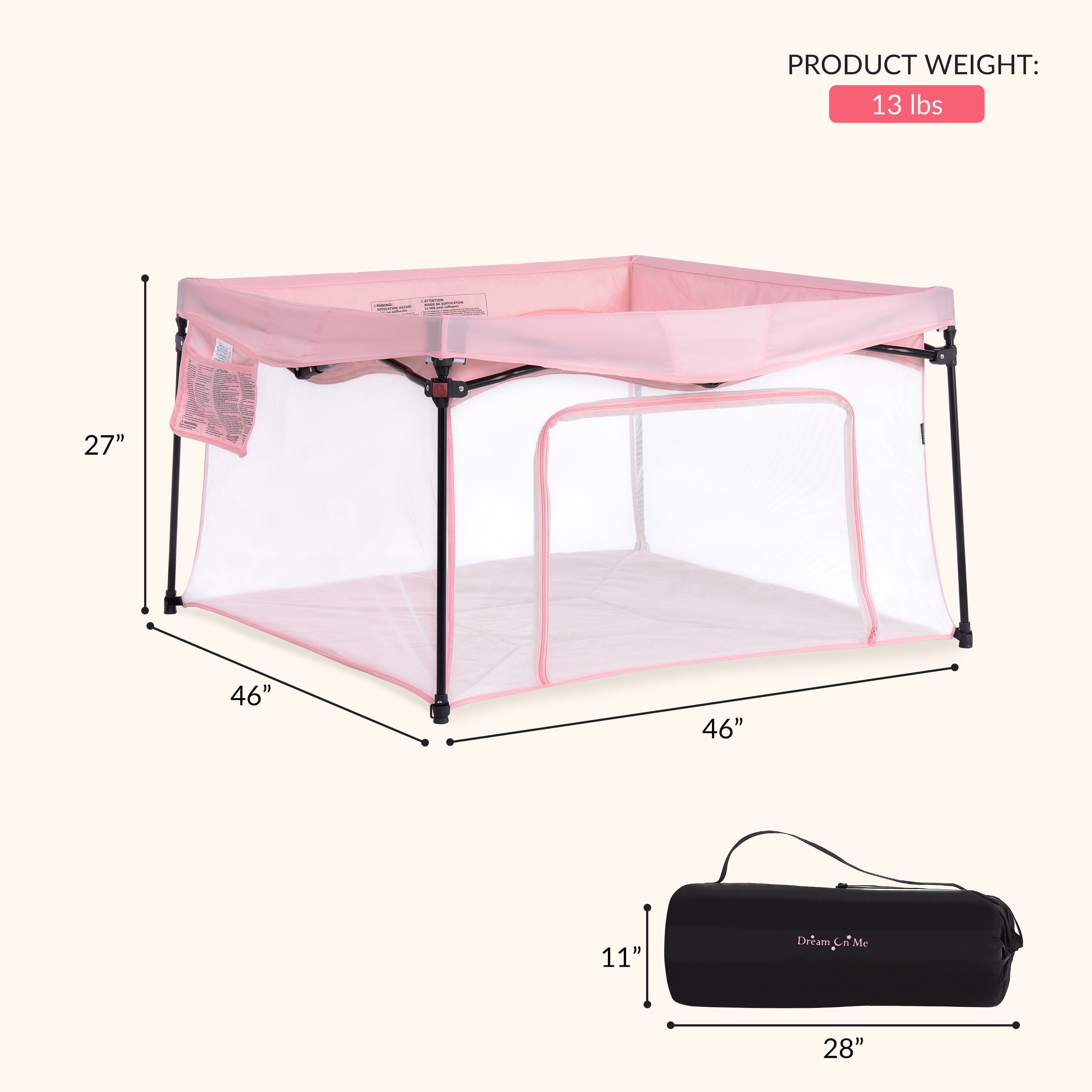 Dream on Me Ziggy Unisex Square Playpen, Pink