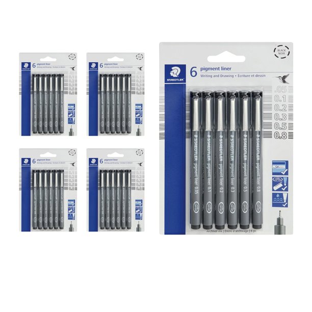 Bolígrafo fino STAEDTLER Pigment Liner, paquete de 5, negro, 6 bolígrafos