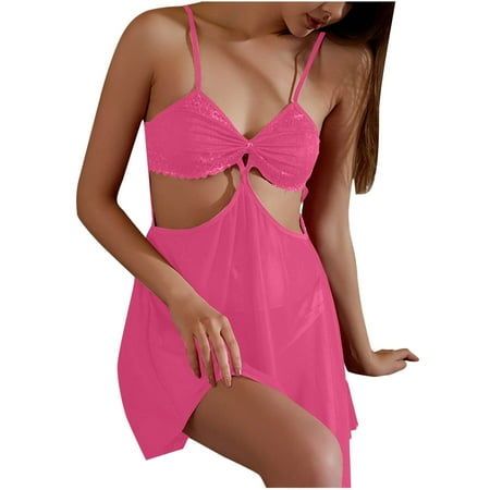 Oplxuo Women s Lace Embroidery Cutout Sexy Cami Nightgown with Thong Panty Teddy Babydoll Lingerie Nightwear