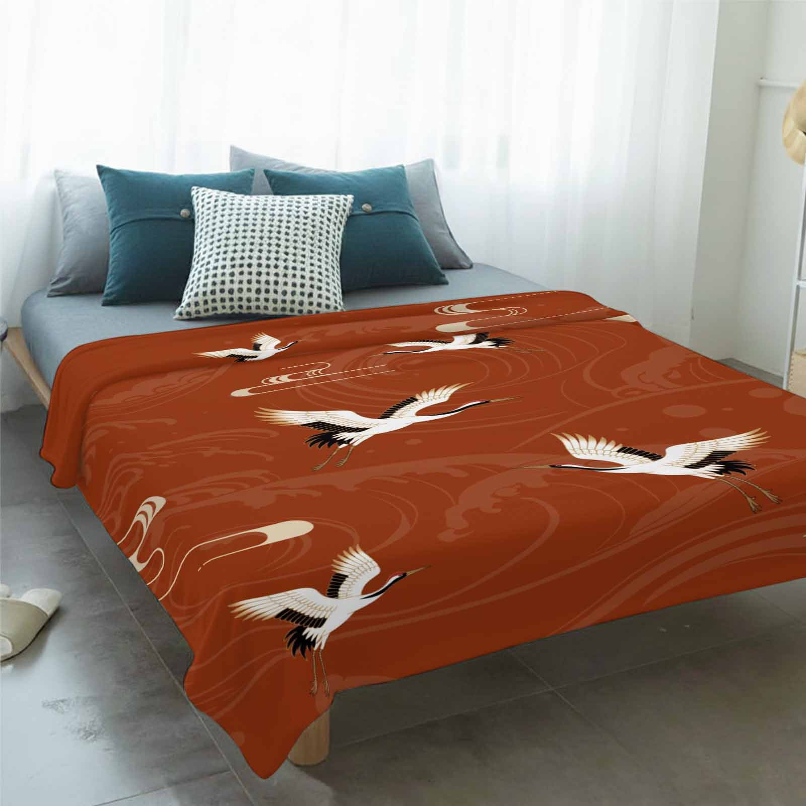 Japanese Style Blanket Soft Cozy Warm Throw Blanket for Couch, Plush Fuzzy Flannel Fleece Blankets for Sofa, Vintage Art Cranes Ocean Wave Red Bed Blankets Lightweight Gifts for Women, 50"x80"