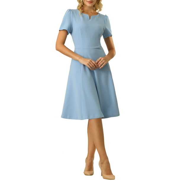 Vestidos de oficina para mujeres INSPIRE CHIC, vestido de trabajo de línea A con cuello partido y mangas cortas, azul M