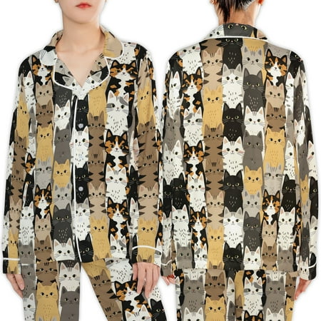 Lotusprinthandmade Cute Cats All-over Print Satin Pajamas Set (No Pocket) (2XL)