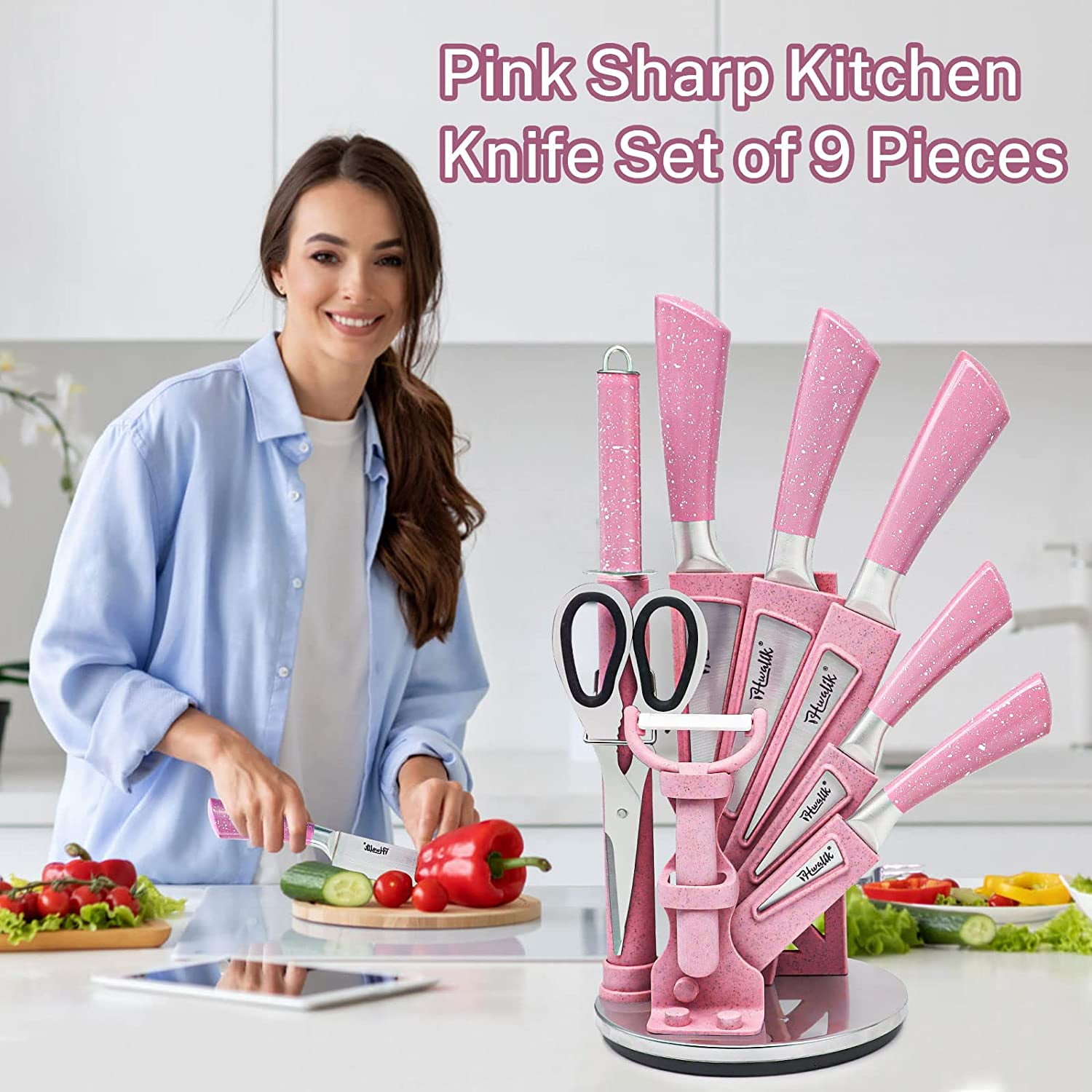 Kitchen Knife Set, 9PC Pink Wheat Straw Sharp Cooking Knife Set with Acrylic Stand, Stainless Steel Non-stick Chef with Comfortable Handle for Slicing Cutting Peeling Chopping