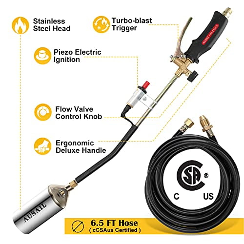 AUSAIL Weed Torch Propane Burner,Blow Torch,Heavy Duty,High Output 700,000 BTU,Flamethrower with Turbo Trigger Push Button Igniter and 6.5 FT Hose for Roof Asphalt,Ice Snow,Road Marking,Charcoal 