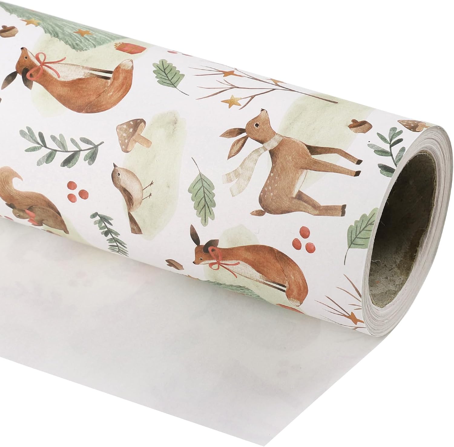 Kraft Christmas Wrapping Paper - Mini Roll - 17 Inch x 33 Feet - Warm Forest Animal Friends and Christmas Tree Wrapping Paper for Holiday, Party Celebration