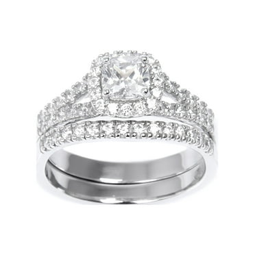 Brilliance Fine Jewelry Cushion Cut Simulated Diamond Engagement Ring Set in Sterling Silver