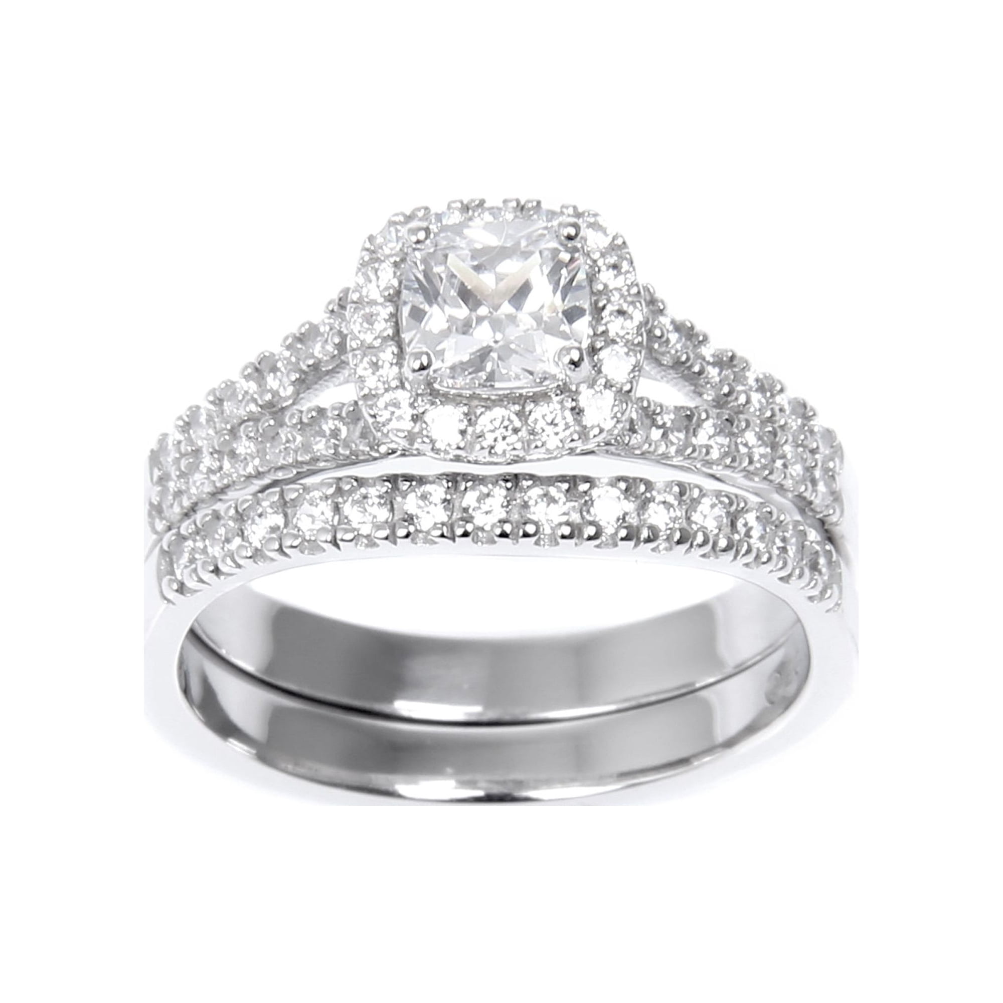 Brilliance Fine Jewelry Cushion Cut Simulated Diamond Engagement Ring Set in Sterling Silver