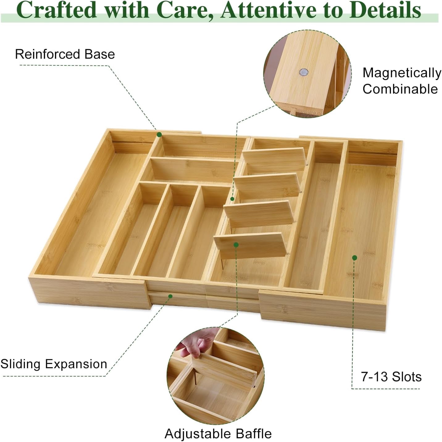 Large Bamboo Expandable Drawer Organizer, Silverware Organizer for Drawers, 16 to 30 Inches Wide, 7-13 Slots, Kitchen Drawer Organizers for Utensils, Bamboo Wood Cutlery Organizers