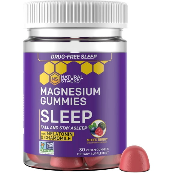 Sleep Magnesium Gummies with Melatonin - 200mg Magnesium Citrate - Melatonin Gummies for Sleep Quality - Nighttime Aid for Adults with Chamomile - 30 Mixed Berry Chewables