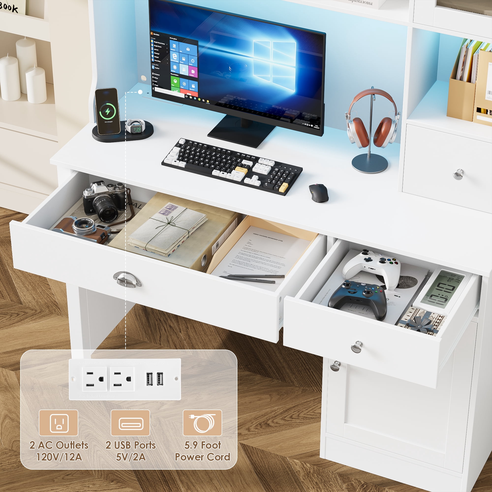 Homfa Executive Desk with Hutch & Power Outlets & LED Lights, Wood Writing Study Table, Home Office Computer Desk with Adjustable Shelves and Drawers, White