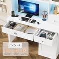 thumbnail image 7 of Homfa Executive Desk with Hutch & Power Outlets & LED Lights, Wood Writing Study Table, Home Office Computer Desk with Adjustable Shelves and Drawers, White, 7 of 7