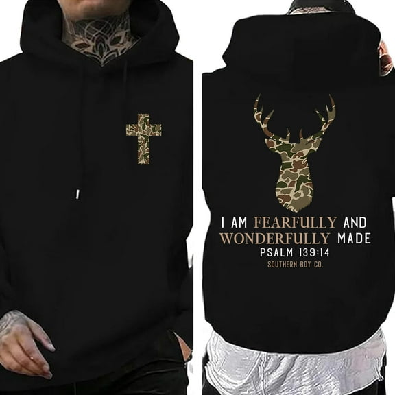 Camo Deer Hoodie – Double Sided I Am Fearfully & Wonderfully Made Pullover, Southern Christian Clothing, Trending Faith Based Streetwear