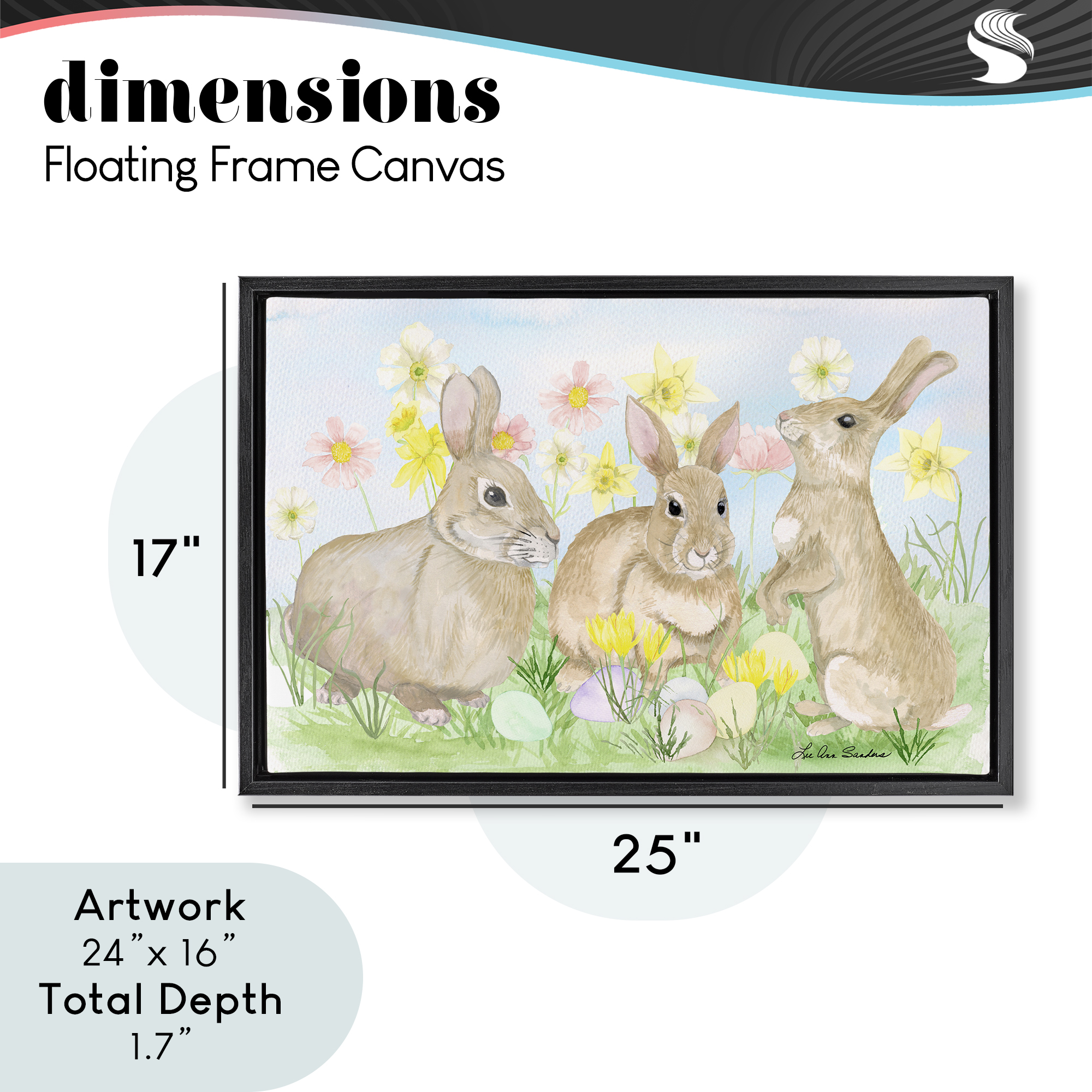 Three Bunnies In The Grass Black Framed Floater Canvas Wall Art, design by Lee Ann Sanders