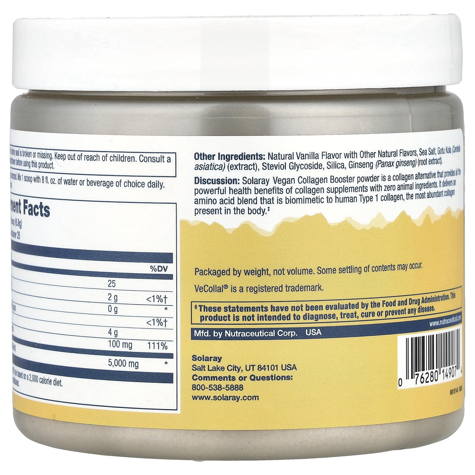Solaray Vegan Collagen Booster Powder, Natural Vanilla , 6.1 oz (173 g)