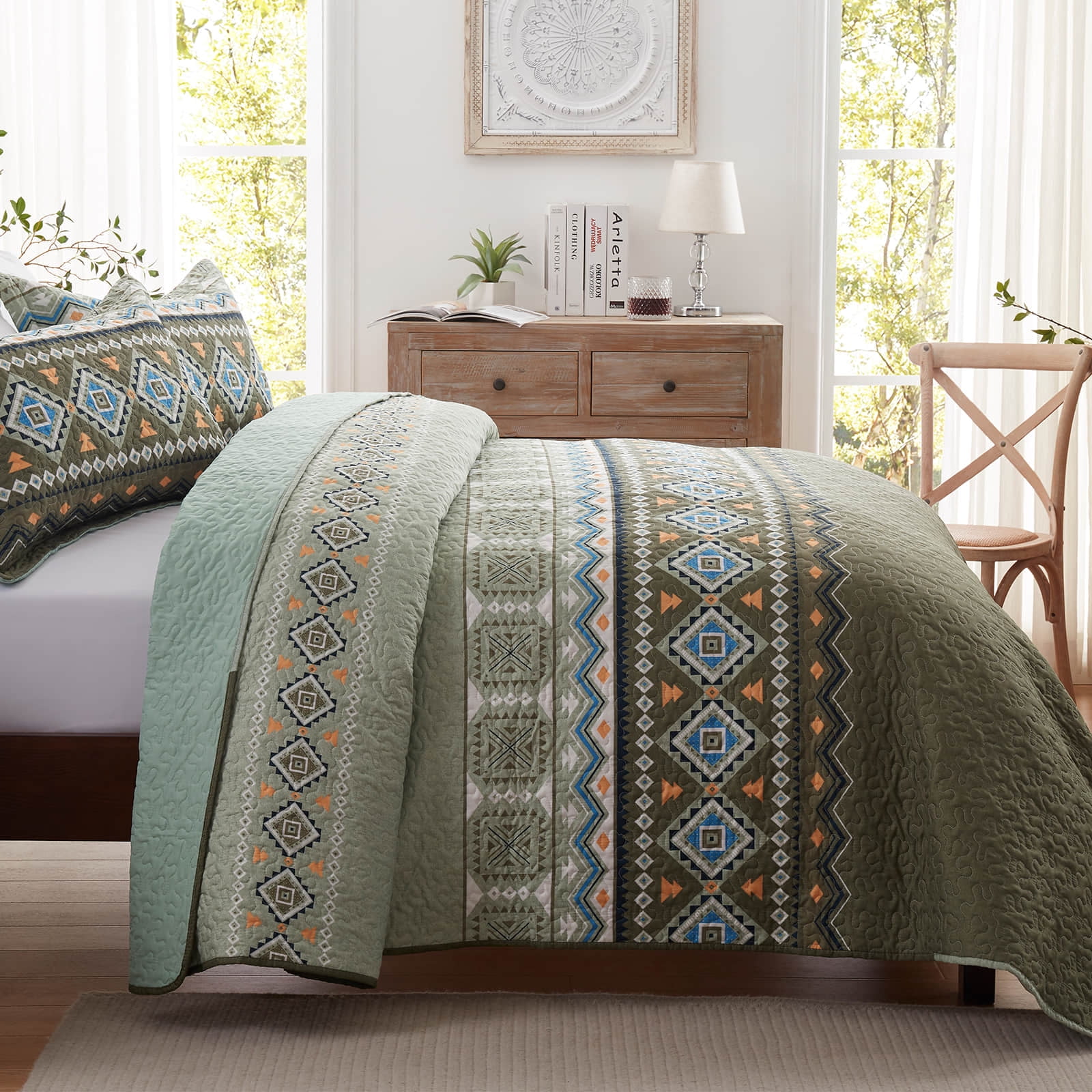 3-Piece King Size Quilt Set - Olive Green Bohemian Bedspread Coverlet with 2 Pillow Shams, Microfiber