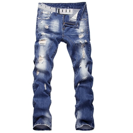 Denim Handsome Straight Distressed Jeans In Wash Blue Casual Pants for