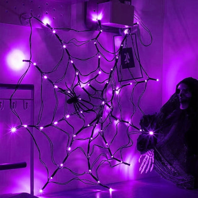 Luces de Telaraña de Halloween de 1 M de Diámetro, 60 Led con Araña Negra, Luces Moradas Impermeables, Control Remoto, Decoración de Halloween para El Jardín de La Casa.