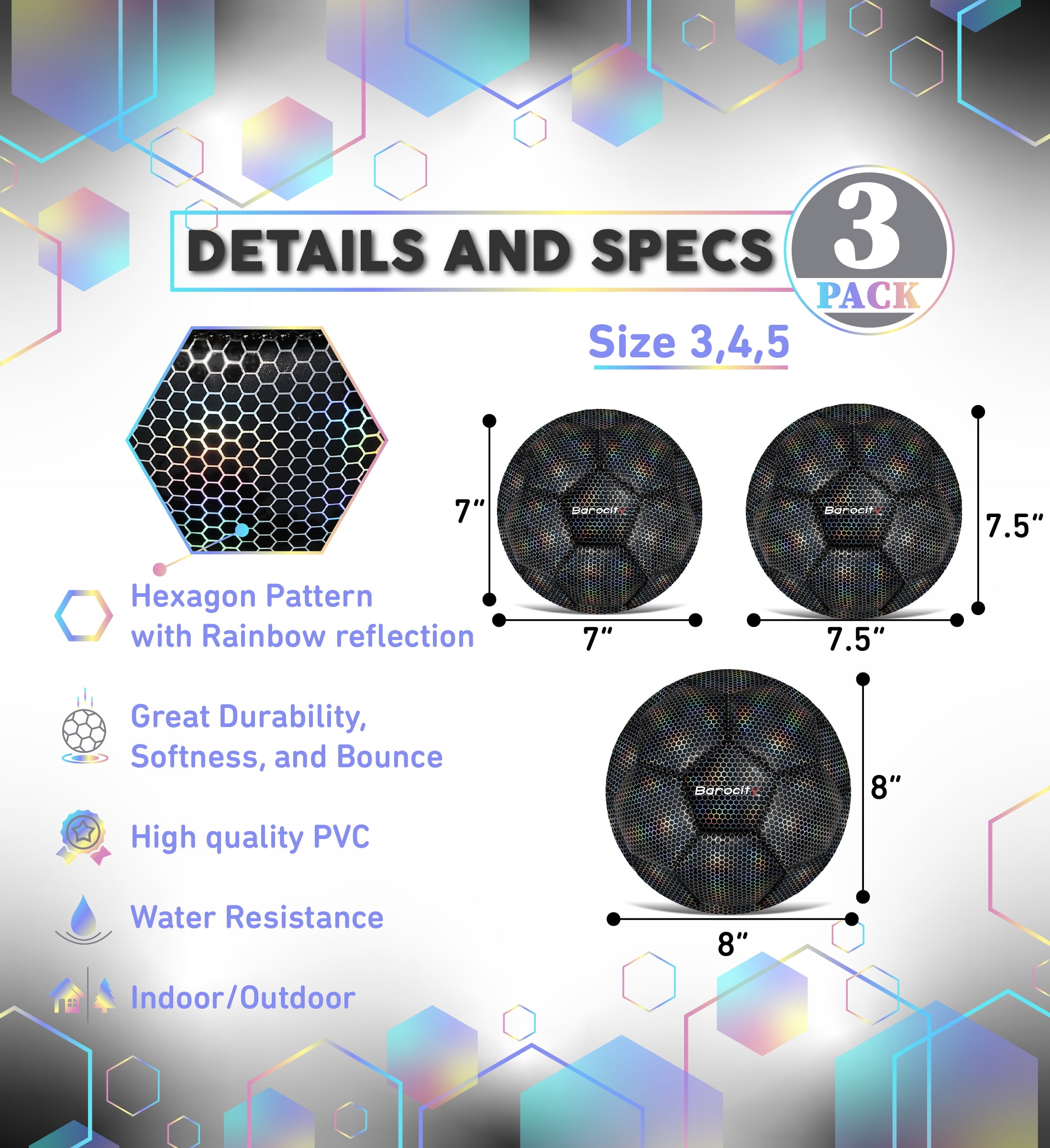 Barocity Iridescent Soccer Balls Set of 3 - Mixed Sizes Black Official Match Balls with Reflective Hex Pattern, Sport Soccer Balls for Indoor and Outdoor Training and Practice Games- Sizes 3, 4, and 5