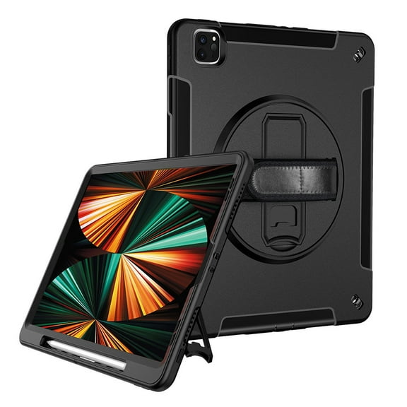 iPad Pro 12.9 Case 2021/2020: Military Grade Heavy Duty Shockproof Case, Pencil Holder - Swivel Stand - Hand/Shoulder Strap