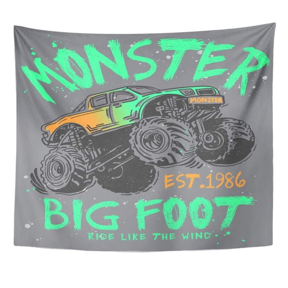 REFRED Awesome Sport Monster Truck with Graphic Tee and Printed Summer Boy Cartoon Wall Art Hanging Tapestry Home Decor for Living Room Bedroom Dorm 60x80 inch